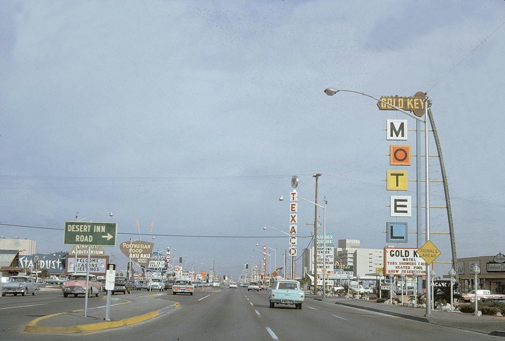 View looking north along Las Vegas Boulevard (also known as the Las Vegas Strip), 1965.