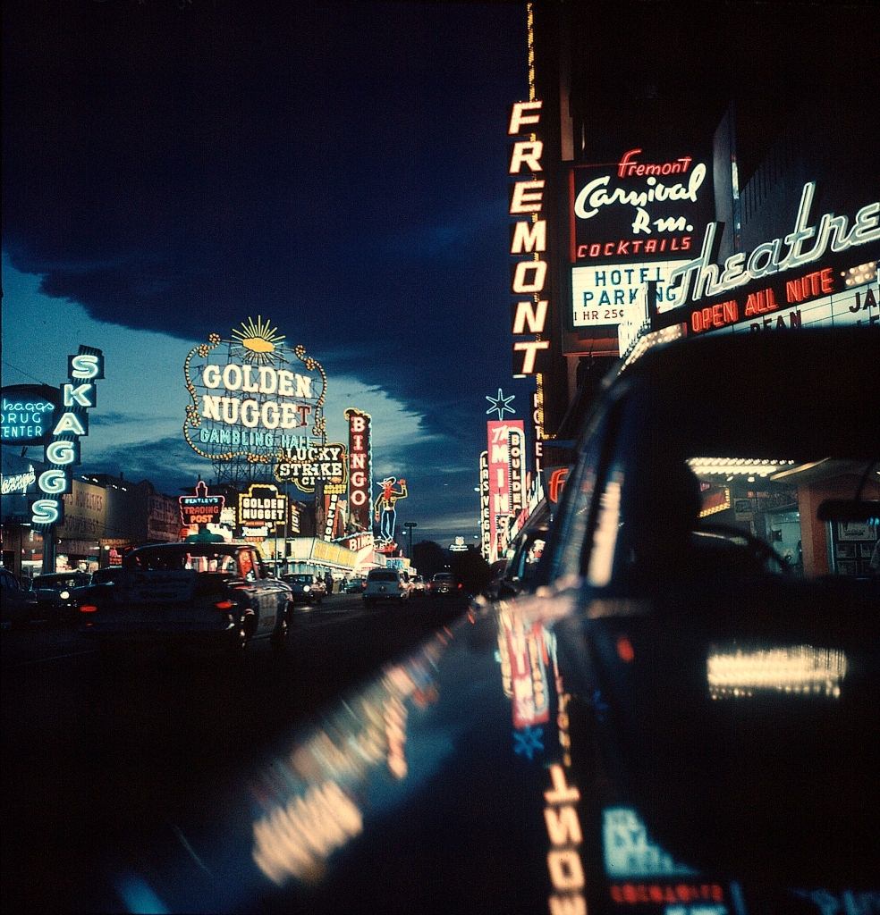 Fremont Street at night lit up by gambling casino, Las Vegas, 1961.
