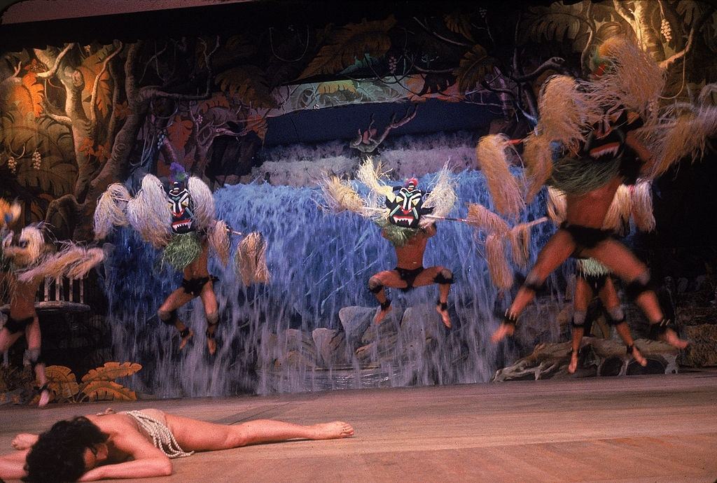 The Alaria Ballet Company of Argentina performing quasi tribal dance during a French Revue floor show at the Stardust hotel & casino, Las Vegas, 1960.