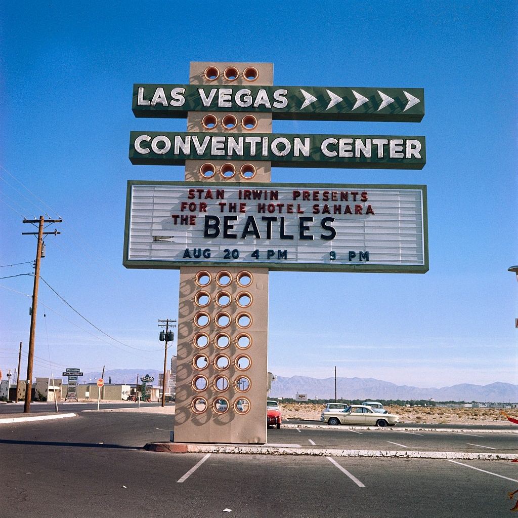 Las Vegas Convention Center's billboard advertising two performances by Beatles, 1964.