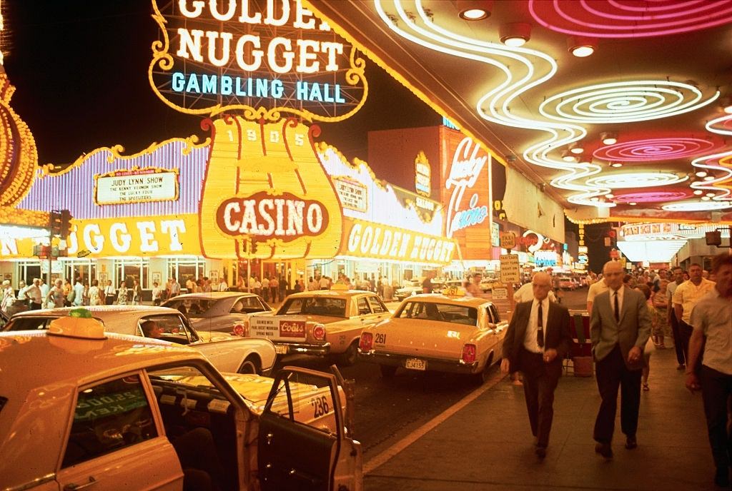 Taxis and Pedestrians on Las Vegas Casino Street, 1967.