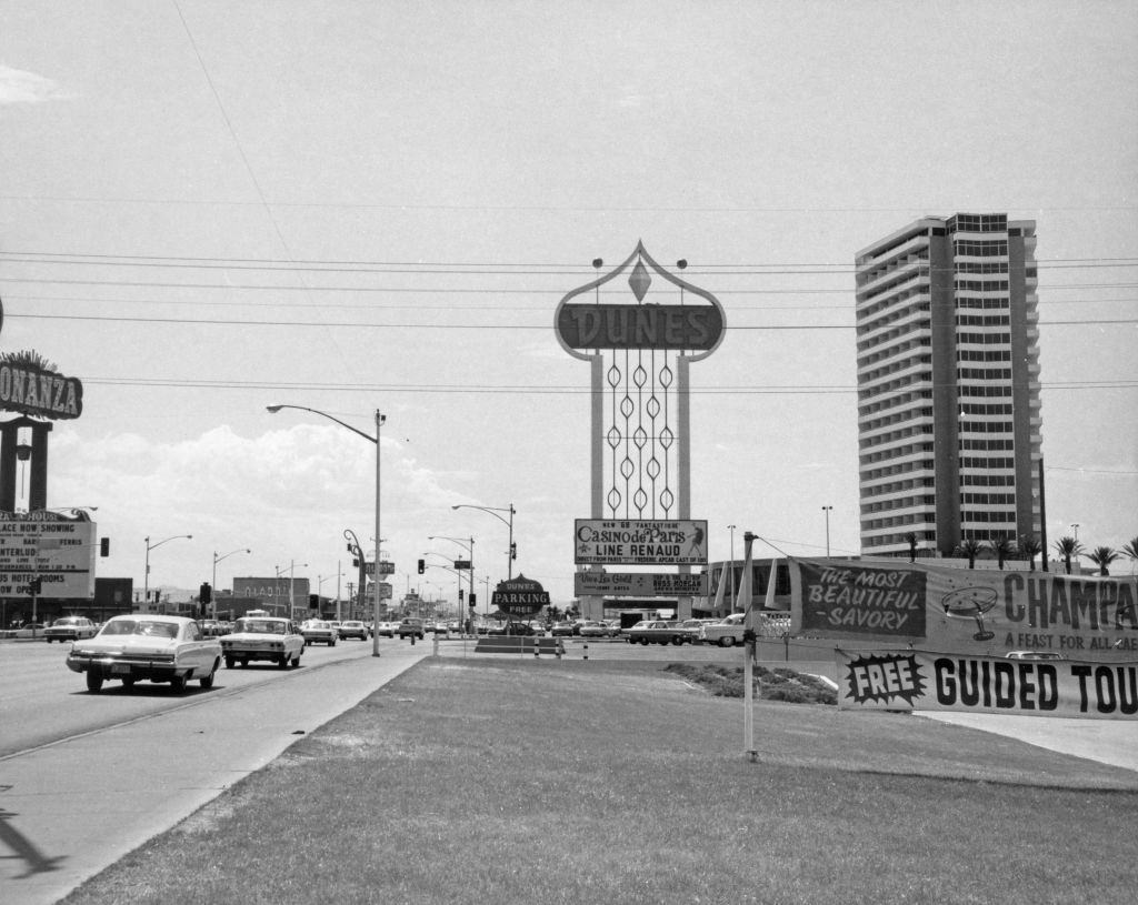 A view down the Las Vegas Strip, with the Dunes hotel and casino on the right, 1968.