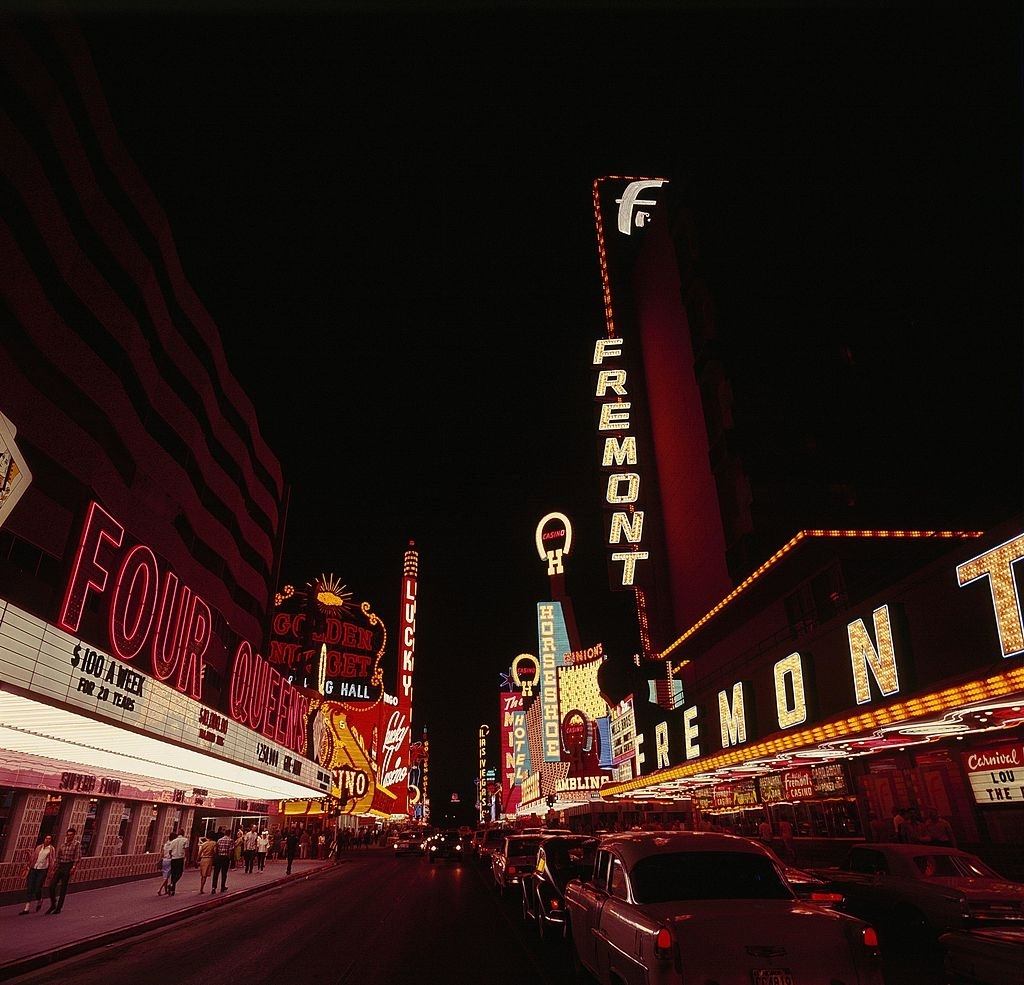 Four Queens Hotel and Fremont Hotel at night, Las Vegas, 1967.