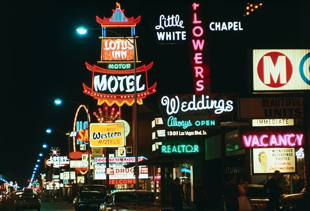 A beautiful view of Las Vegas boulevard at night, 1967.