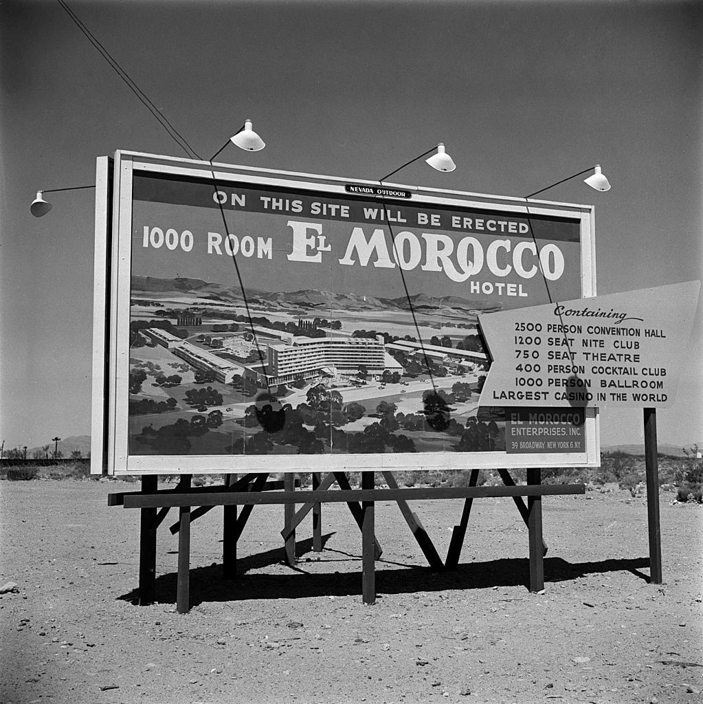 A sign for future location of the El Morocco casino and hotel in Las Vegas desert, 1960.