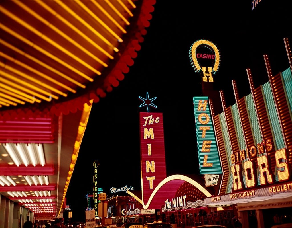 Downtown Las Vegas, at night, 1960.