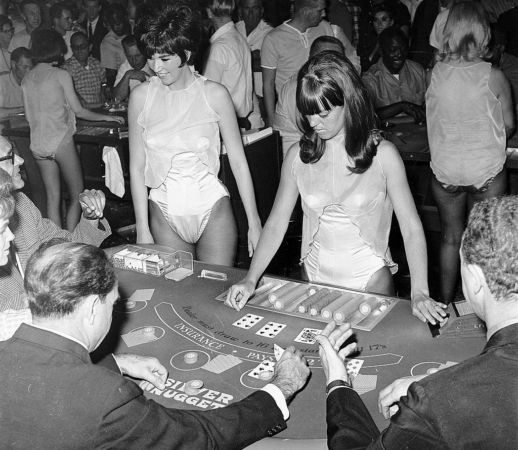 Black Jack dealers Dianne mcmillin and Jaye Boack at the Silver Nugget Casino, Las Vegas, 1966.