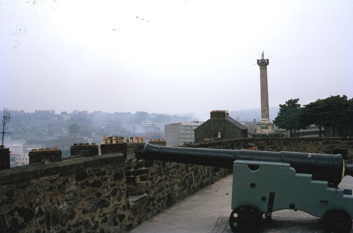 Monument to the Rev. George Walker, standing above Derry, destroyed by bomb blast August 1973. Northern Ireland, 1969.