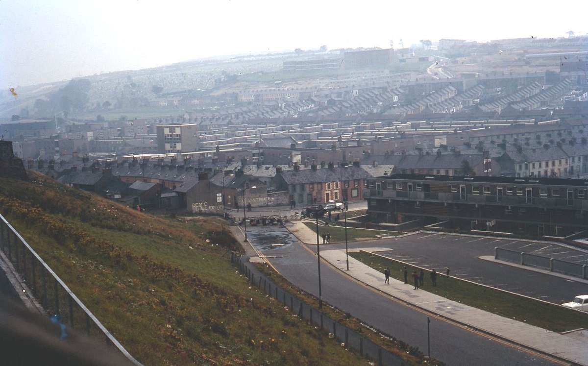 Smoke haze over Derry, taken from the base of the Walker Monument, NorthernIreland, 1969.