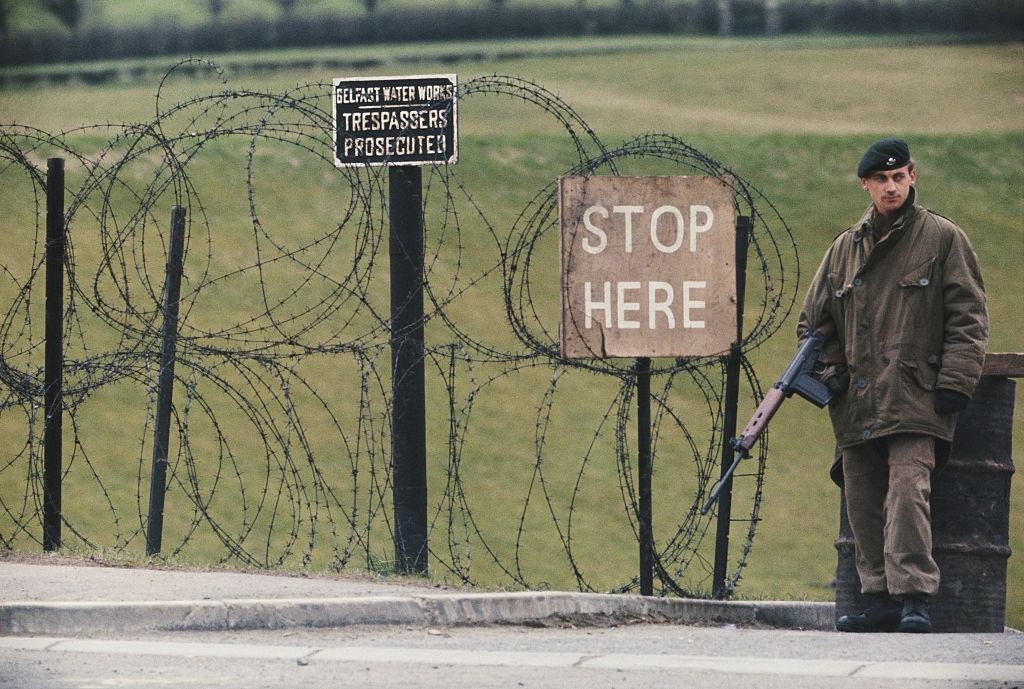 British Army soldier guarding a water works facility in Belfast, Northern Ireland, April 1969.