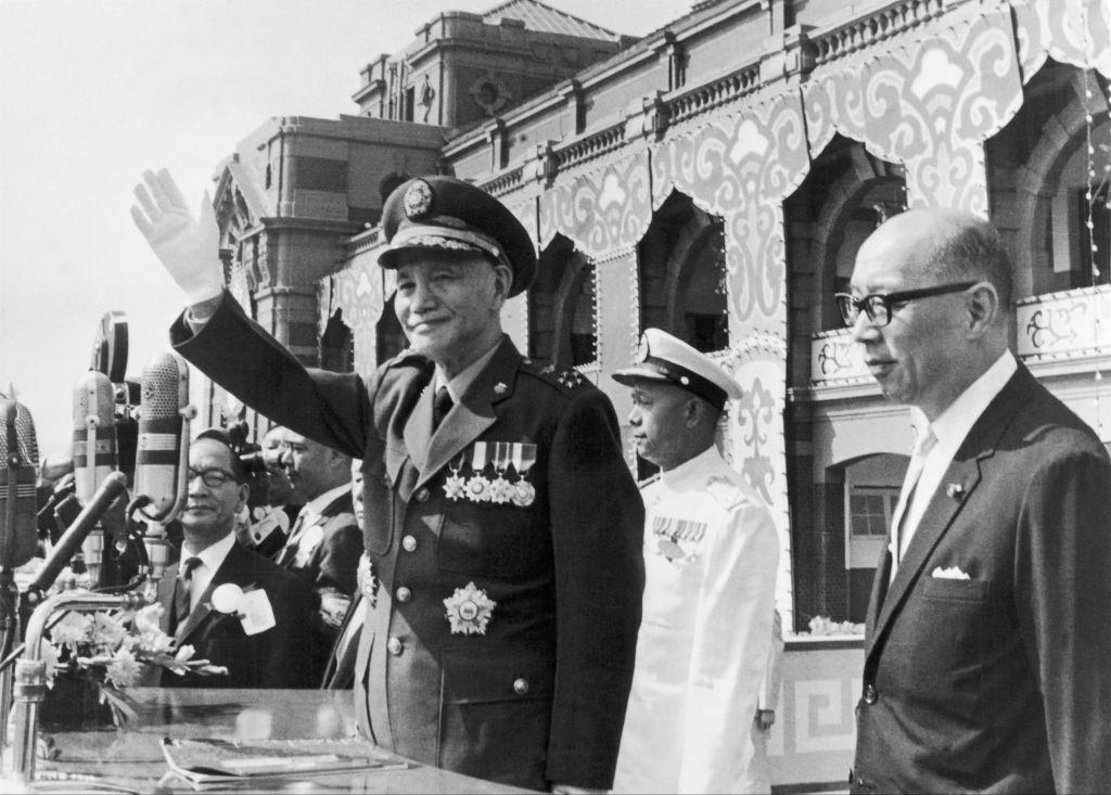 Chang Kai Shek greeting the crowds in Taipei Along With His Vice-President Yen Chia-Kan (C.K. Yen) on the day of The Taiwanese National Holiday, On October 10, 1969.