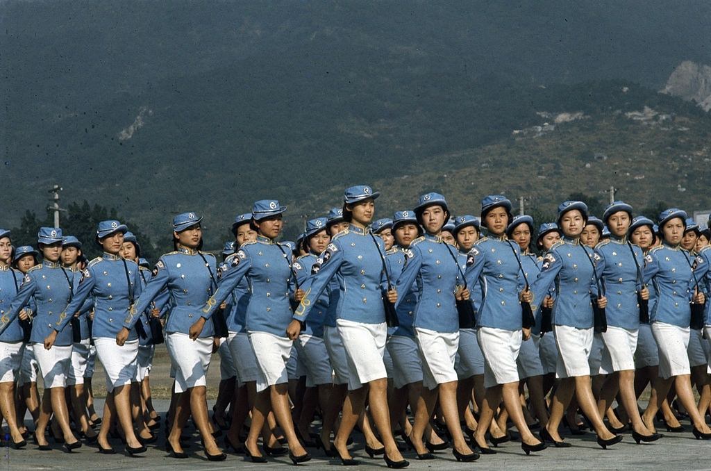 Parade of young women soldiers in blue uniforms, Taiwan, 1969