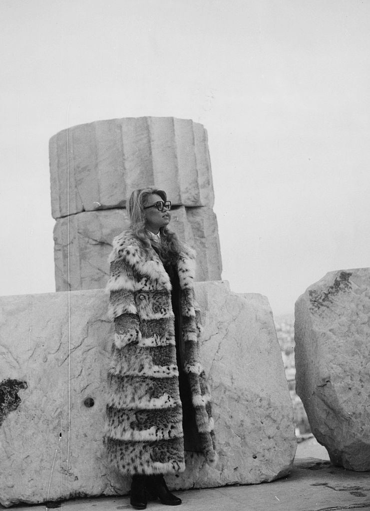 Actress Dyan Cannon wearing a mink coat as she visits the Acropolis, in Greece to star in the film 'The Burglers', Athens, March 23rd 1971.