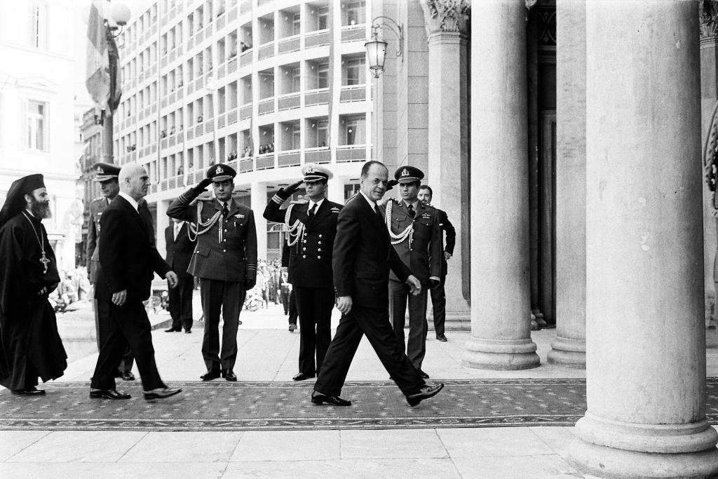 Greece Prime Minister Georgios Papadopoulos is seen on arrival at the 6th Independence Day ceremony on April 21, 1973 in Athens.