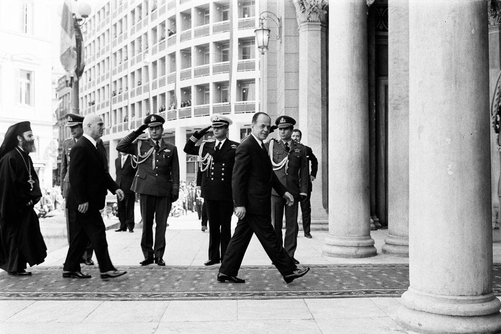 Greece Prime Minister Georgios Papadopoulos is seen on arrival at the 6th Independence Day ceremony on April 21, 1973 in Athens.