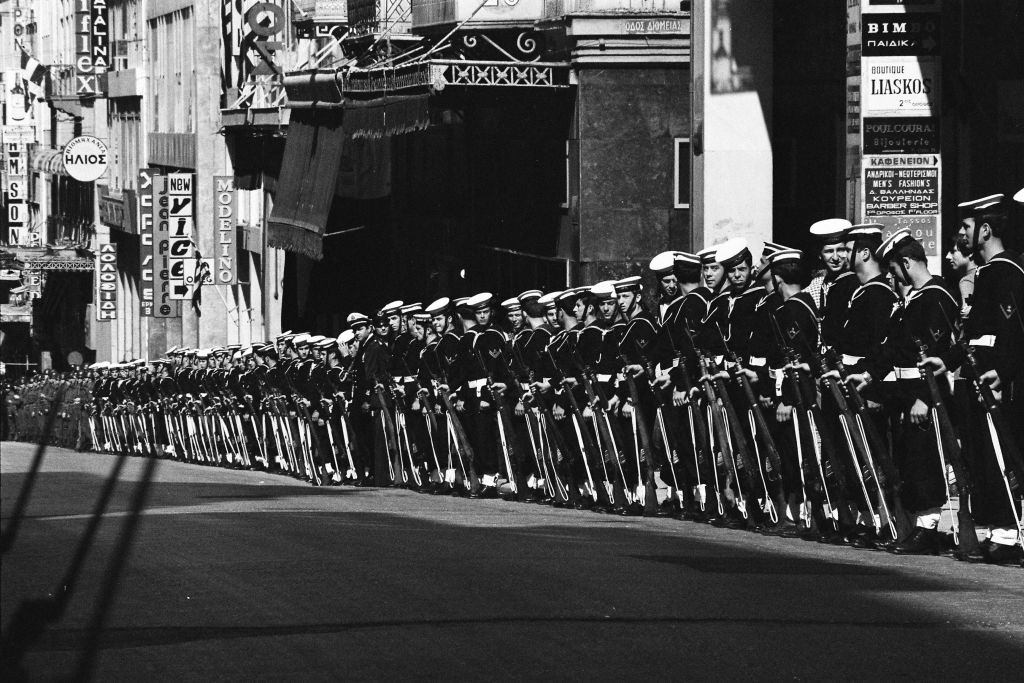 Soldiers line up on the street ahead of the 6th Independence Day ceremony on April 21, 1973 in Athens.