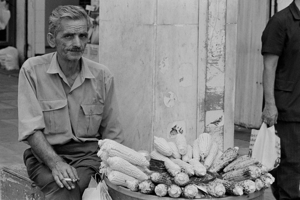 Corn seller in Athens in July 1973, Greece.