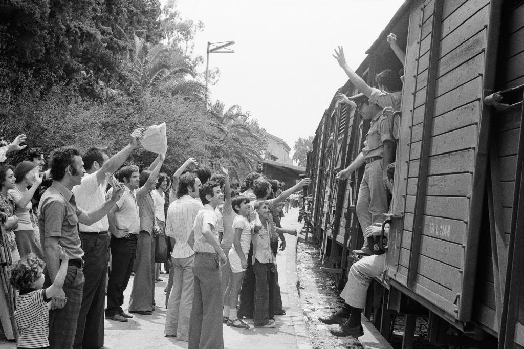 Departure of the recalled at Athens station after the fall of the colonel regime on July 20, 1974, Greece.