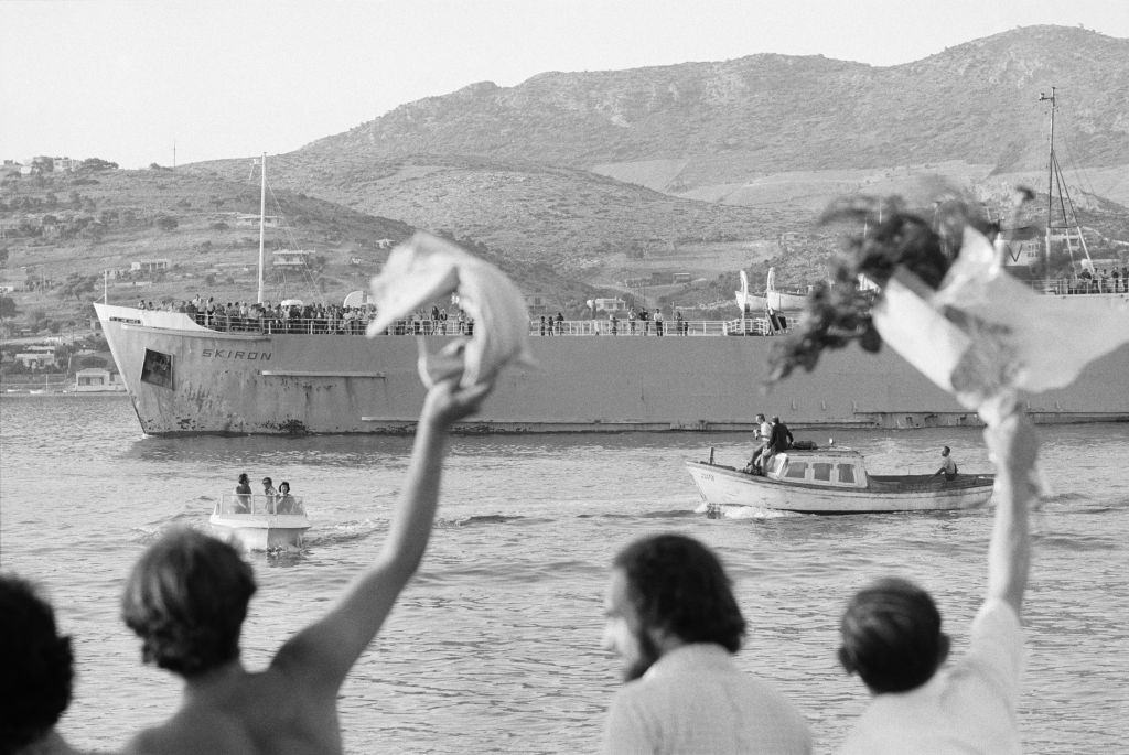 Scenes of joy in the port of Athens on the return of the deportees from the Island of Varos, July 25, 1974, Greece.