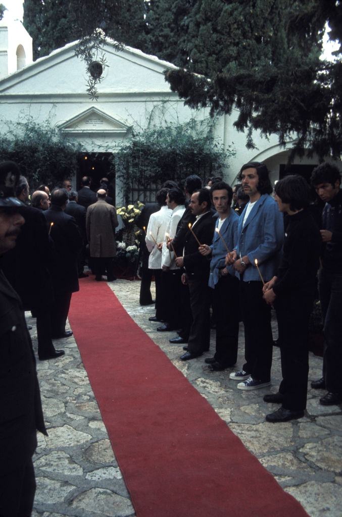 Funeral of Aristotle Onassis on the island of Skorpios on March 18, 1975 in Greece.