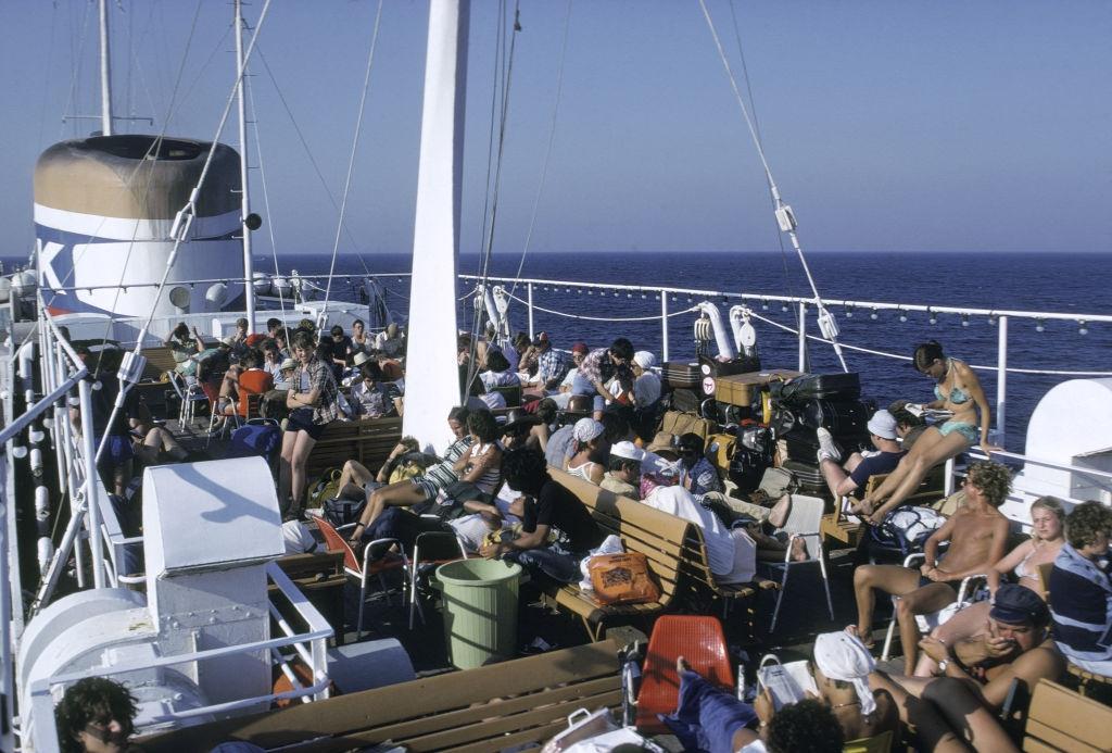 Tourist transport boat between the islands in August 1978 in Greece.