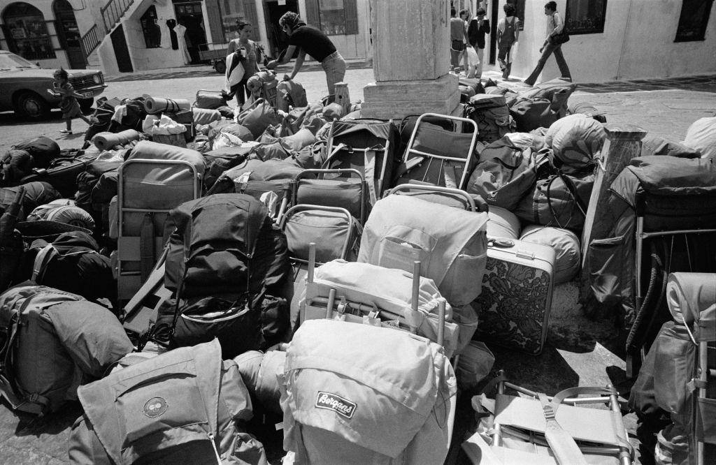 Hippie backpacks on Mykonos Island, Greece, August 1978