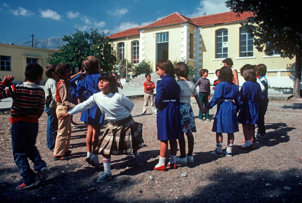 Children playing during break time at their school in rural Crete, Lasithi, Greece, 1979.