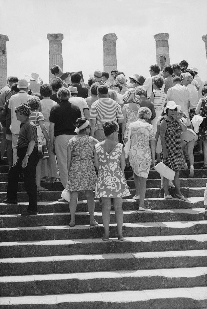 Tourists visiting the acropolis of Lindos. Lindos, 1970s