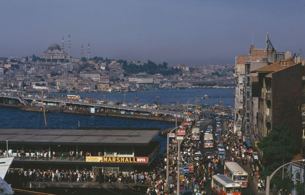 The Karaköy (formerly Galata) neighbourhood of Istanbul in Turkey, with the Galata Bridge stretching across the Golden Horn, 1973.