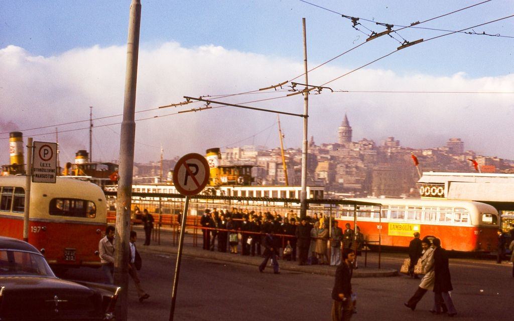 Bus station and ferry landing at the shoreline of the Bosphorus, in Istanbul, 1973.