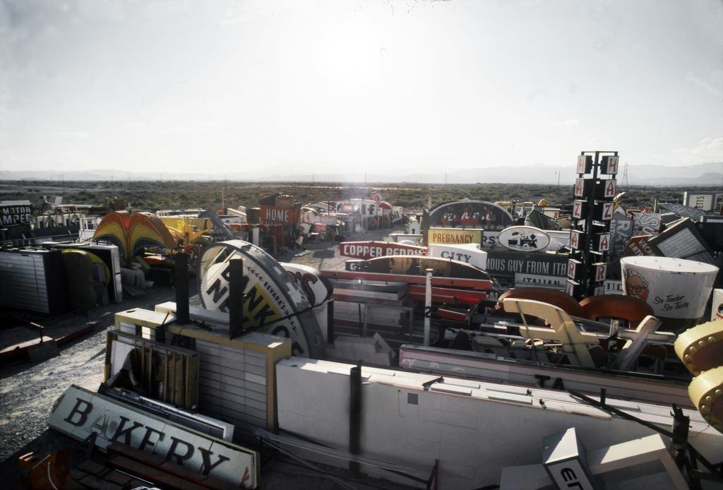 Neon sign graveyard in Las Vegas, 1977.