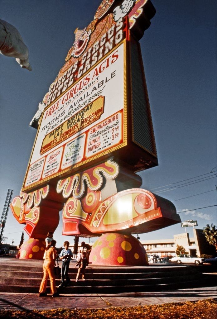 A large sign outside Circus Circus, Las Vegas, 1977.