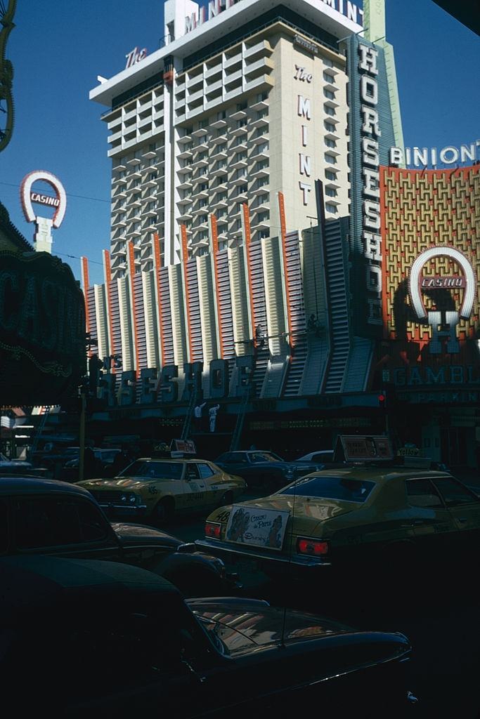 The Mint and Binion's Horseshoe Hotel in Las Vegas, March 1975.
