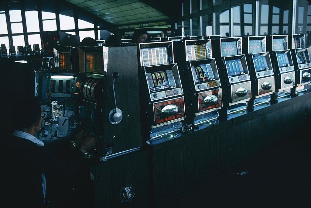 A row of fruit machines or one-armed bandits in Las Vegas, March 1975.