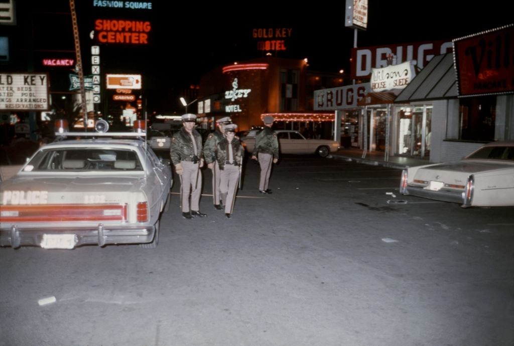 Las Vegas Police investigate a crime outside the Village Inn Pancake House on the Las Vegas Strip, 1975.