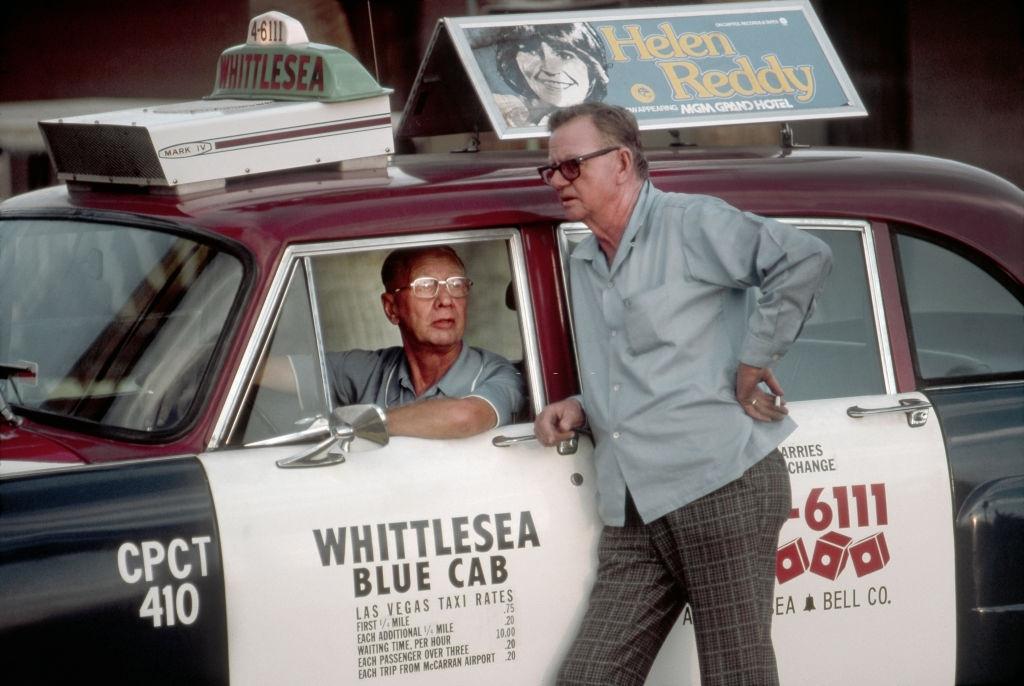 Whittlese Blue Cab with an ad for Helen Reddy at the MGM Grand on the Las Vegas Strip, 1975.