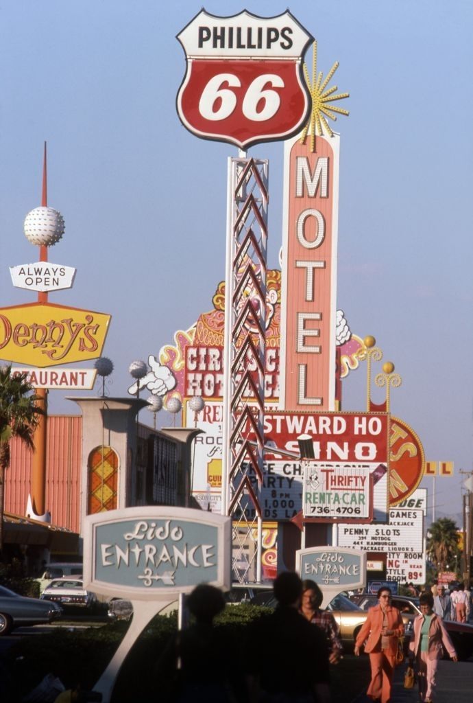 Circus Circus, Denny's Restaurant and a Phillips 66 gas station, Las Vegas, 1977.