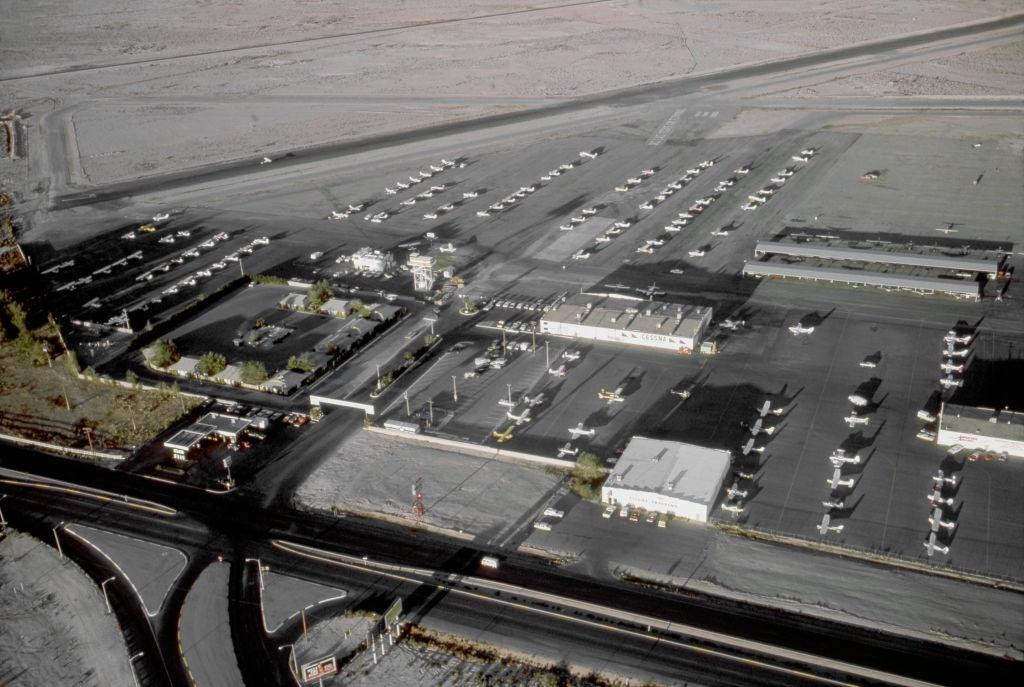 Private planes parked at McCarran Airport in Las Vegas, 1975.