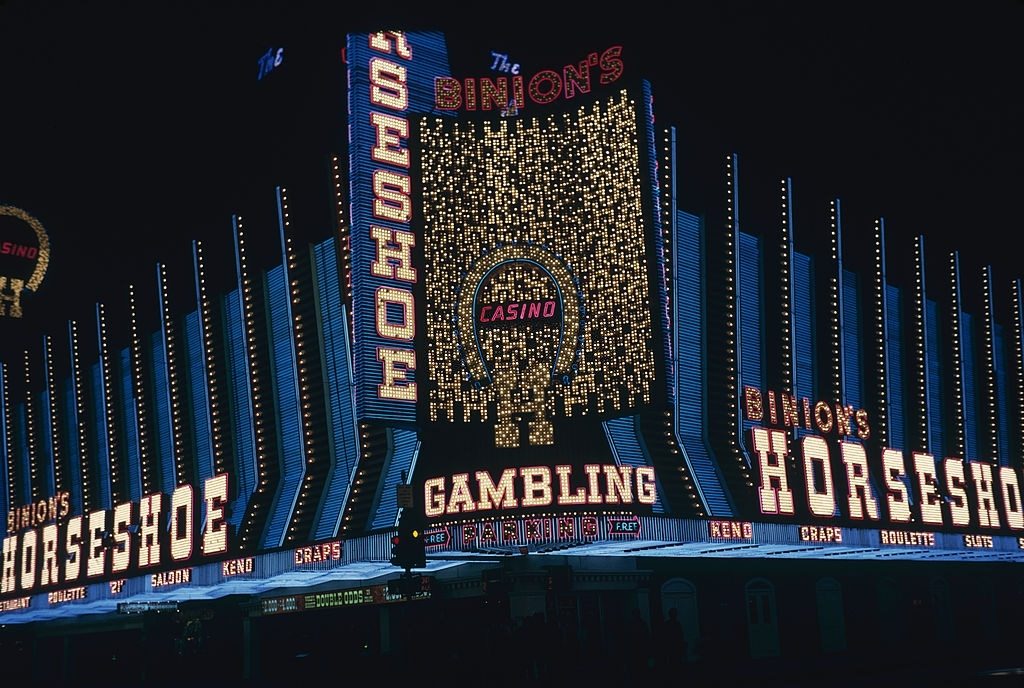 The front of Binion's Horseshoe Casino in Las Vegas, March 1975.