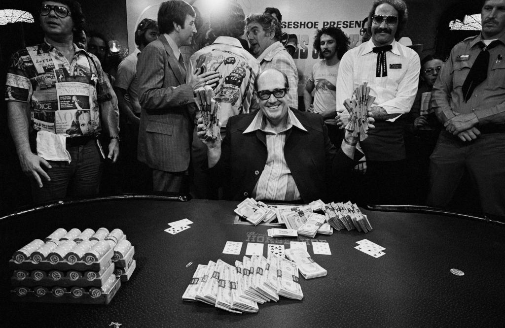 Winner of Poker Championship 1977, Doyle Brunson takes home $340,000, Las Vegas, 1977.