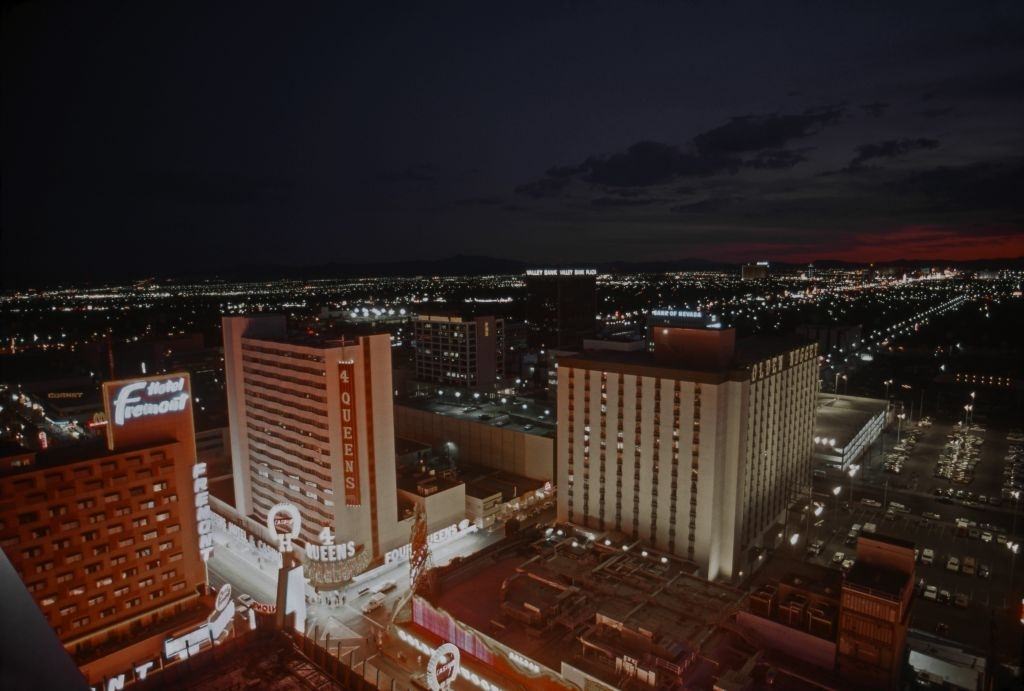 Las Vegas Boulevard and Freemont Street at night, 1977.