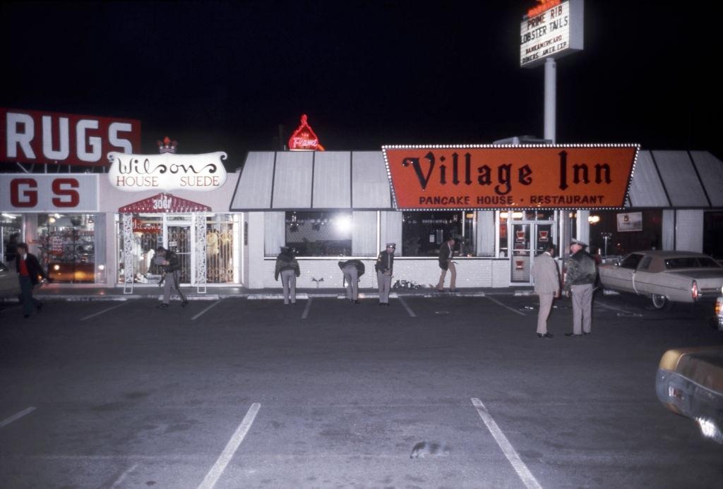 Las Vegas Police investigate a crime outside the Village Inn Pancake House on the Las Vegas Strip, 1975.