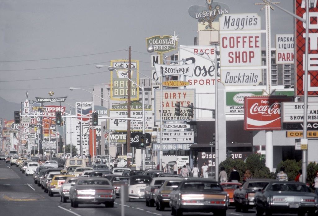 A view of the Las Vegas Strip (Boulevard) and the Desert Inn Hotel in November 1975