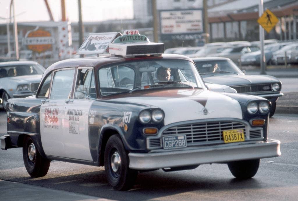 Whittlese Blue Cab on the Las Vegas Strip, 1975.