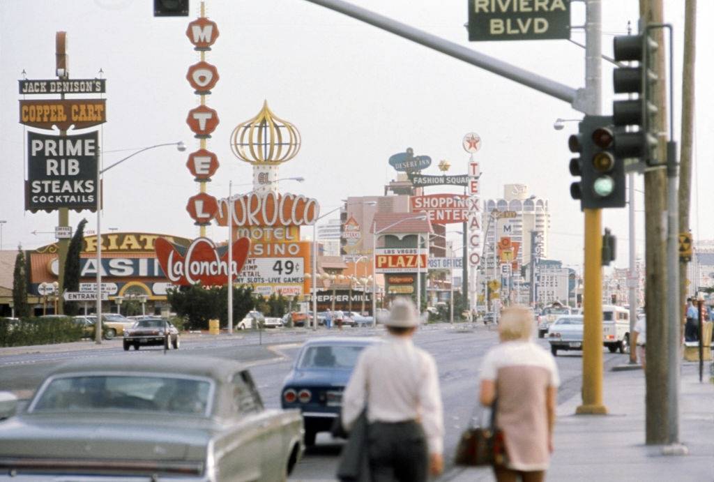 A view of the intersection of the Las Vegas Strip and Riviera Boulevard, the Morocco Motel and Sands Hotel are in the background in November 1975 in Las Vegas