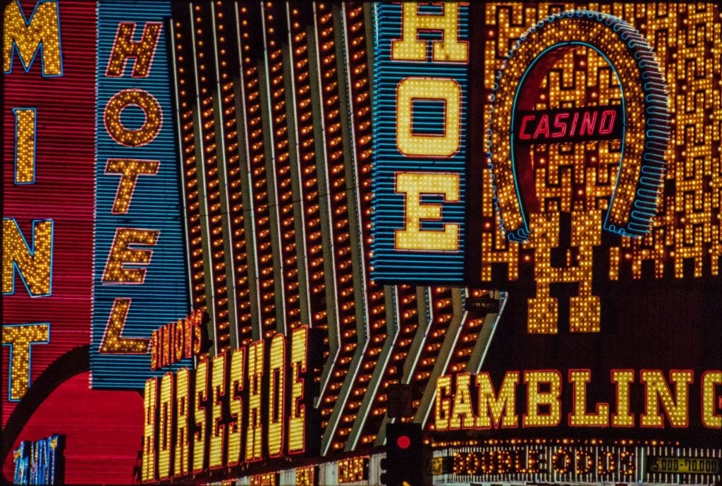 View of neon signs along Fremont Street, Las Vegas, Nevada, 1979.