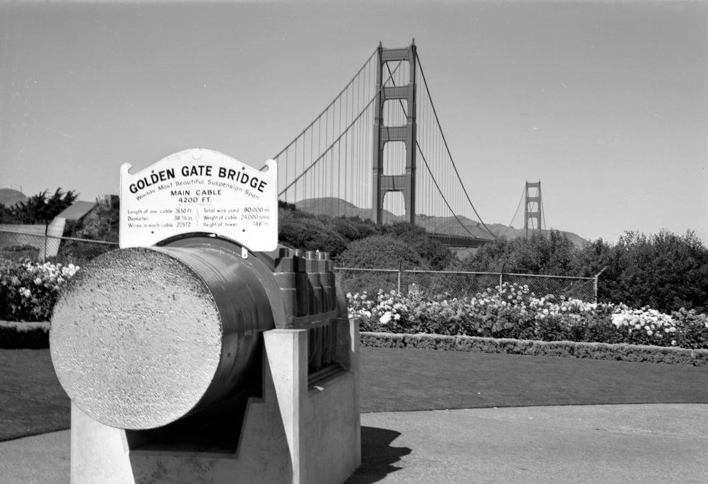 Cable section from bridge cable in front of Golden Gate Bridge on September 25, 1970 in San Francisc.