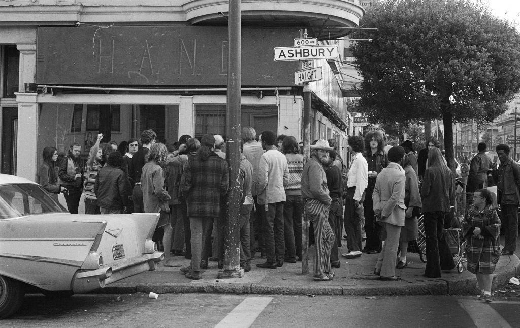 A protest meeting is seen on the corner of Haight and Ashbury streets on October 22, 1970 in San Francisco.