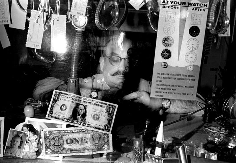 Watch repairman, Polk Street, Tenderloin, San Francisco, 1970