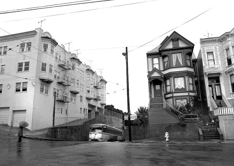 MUNI J-Church line streetcar, 21st Street, Mission district, San Francisco, 1974